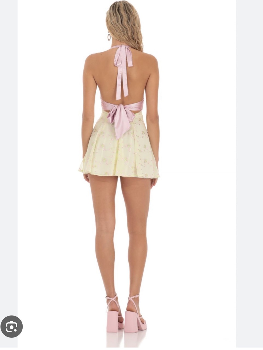 Lucy in the Sky Pink Halter Open-Back Mini Dress with Pale Yellow Skirt